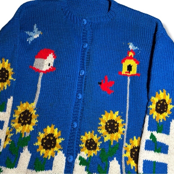 Vintage Hand Knit Sun Flowers & Bird Houses Button Up Sweater - Picture 3 of 3